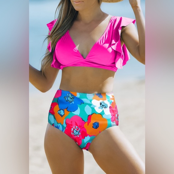 Other - PINK V-Neck Ruffles Floral Print High Waist Bikini